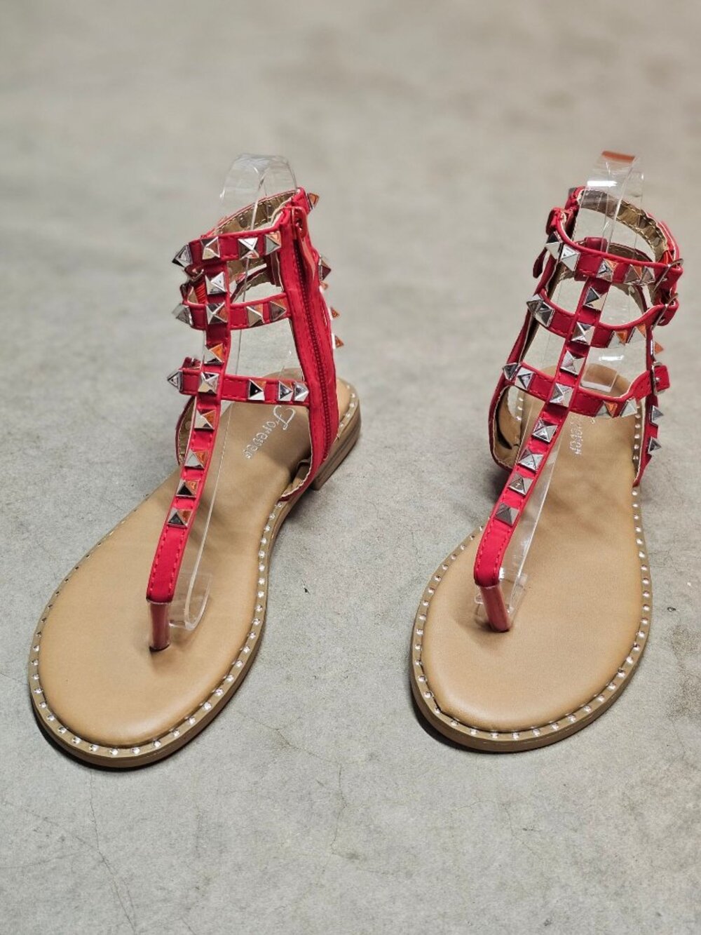 Red Gladiator Sandals With Studded Straps & Side Zipper For Women Flat Sole Comf